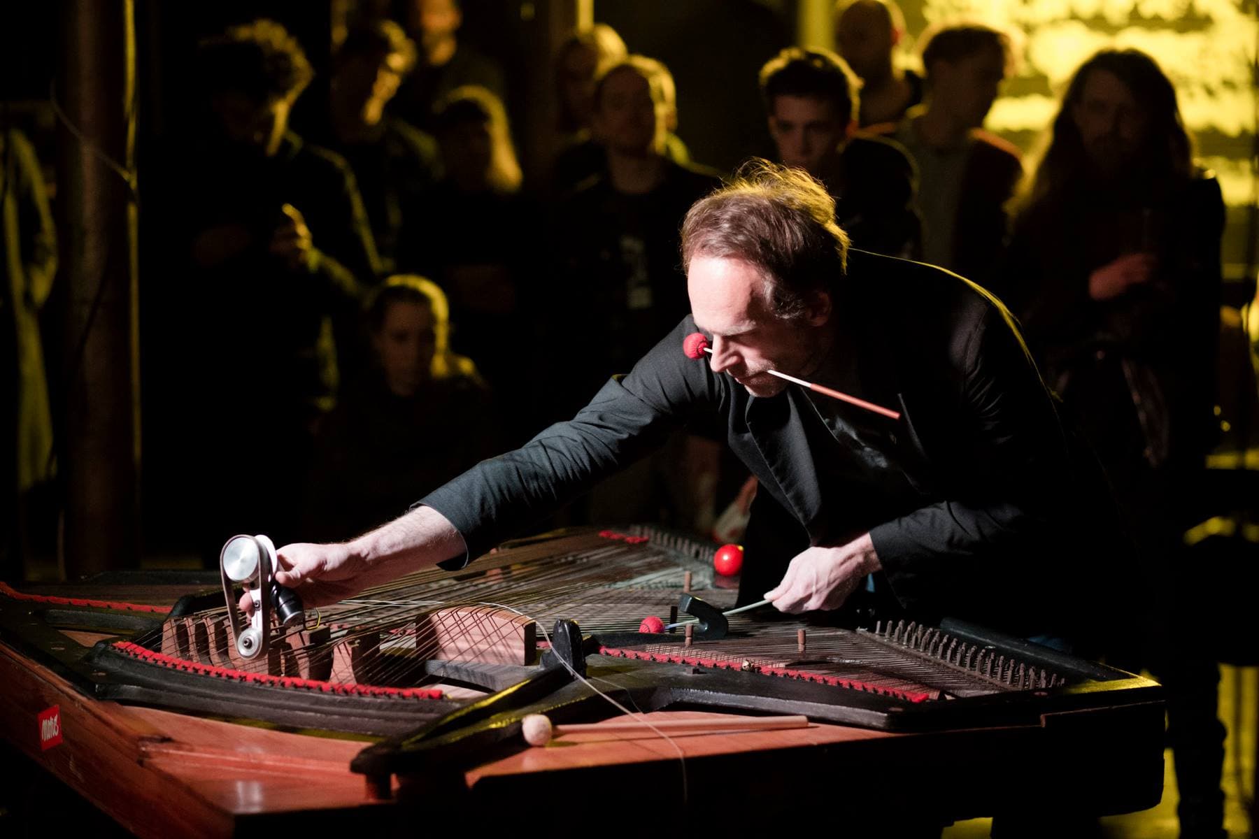 A person is intensely playing a large stringed instrument with various tools in front of an audience.